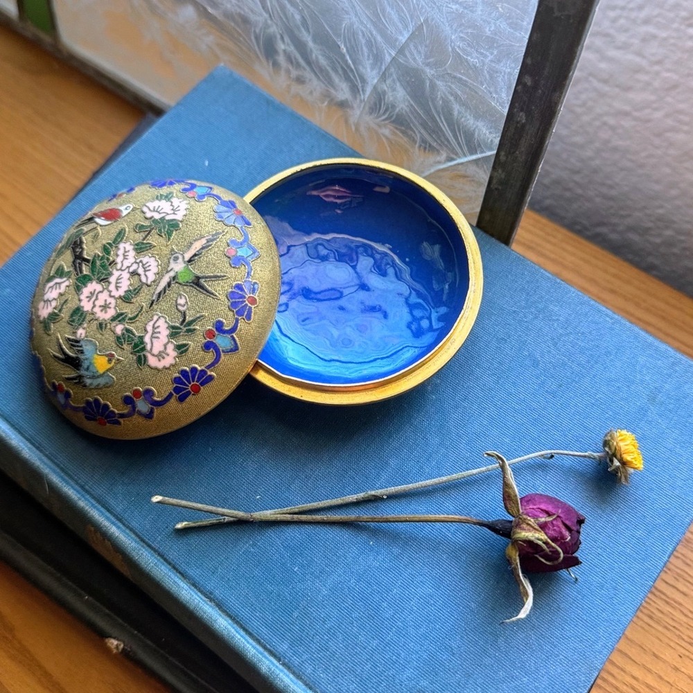 Cloisonne Trinket Box Floral Bird Design Cobalt Blue Enamel Interior